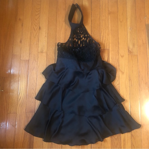 Forever 21 Black Lace Tiered Ruffle Mini Dress Lace Bodice, Choker Neck Size S - Picture 2 of 10